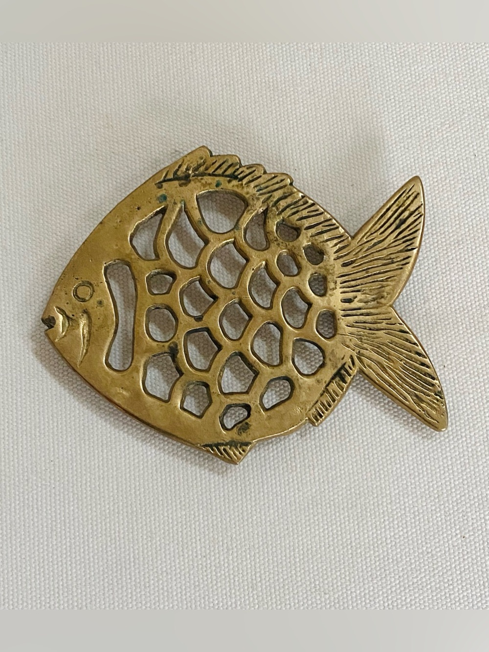 Vintage Solid Brass Fish Trivet Mid Century Openwork Cutout Pot Holder Patina